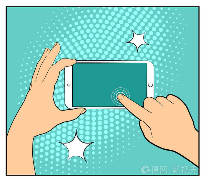 半色调阴影的漫画智能手机电话.手控股智能手机.波普艺术复古风格.