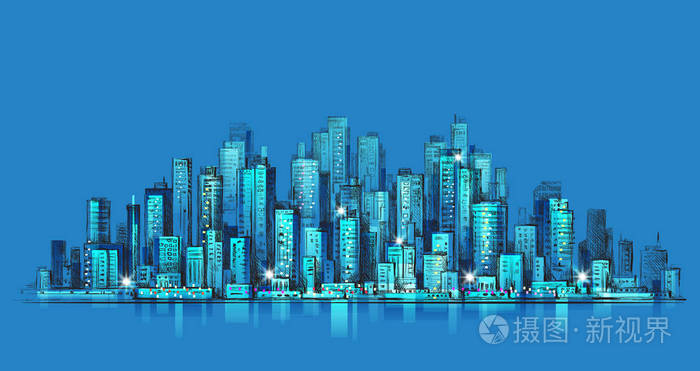 到了晚上,手绘城市景观, 城市天际线全景矢量绘图建筑图