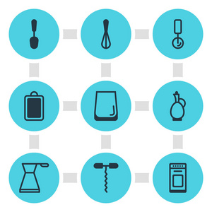 矢量插图9烹饪图标。可编辑的勺子, 比萨刀, 滗水器和其他图标元素集