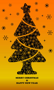 用美丽的雪花图标矢量橙色背景上的黑色松树