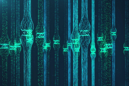 3d 渲染蓝色发光突触。人工智能概念中的人工神经元。脉冲的突触传输线。具有连接点和线的抽象多边形空间低聚