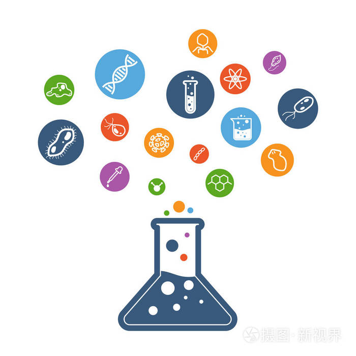 多彩的科学平面图标从锥形瓶飞出