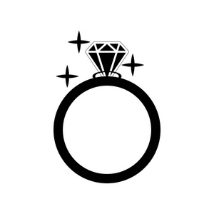 钻石订婚戒指矢量图标。矢量图。闪亮水晶迹象。孤立在白色背景上的黑色圆圈剪影。平的时尚设计元素。符号订婚，昂贵的礼物