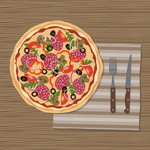 比萨饼, 意大利香肠, 西红柿和蘑菇。披萨在木质背景下。餐巾上还有一把刀叉。矢量插图