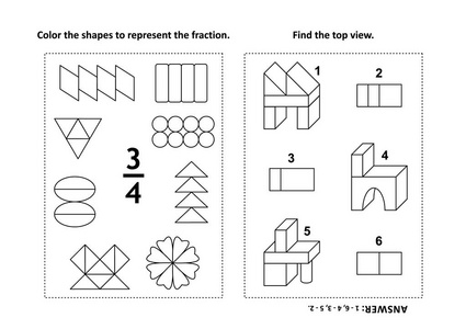 两个视觉数学谜题和着色页.对形状进行着色以表示分数.查找顶部视图.