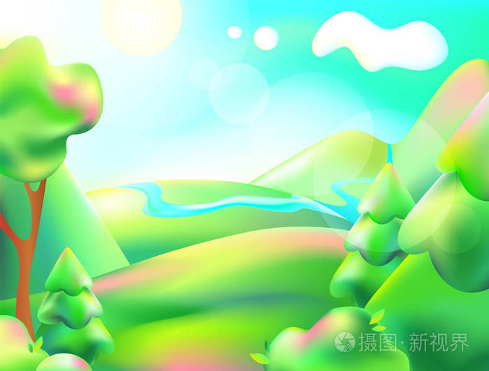 卡通阳光明媚的夏日风景.