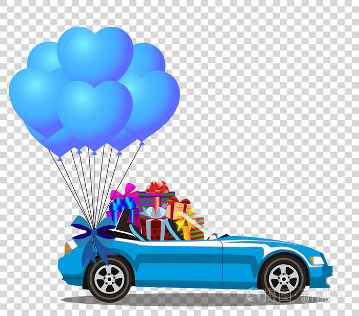 蓝色现代打开的卡通敞篷车与礼物