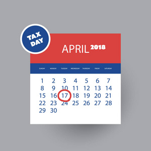 纳税日提醒概念日历设计模板美国税收截止日期, 联邦所得税到期日纳税申报表 2018年4月17日