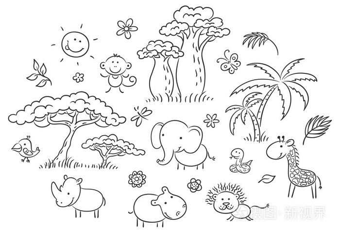 一套卡通异国情调的非洲动物和植物插画-正版商用图片0g5fcw-摄图新