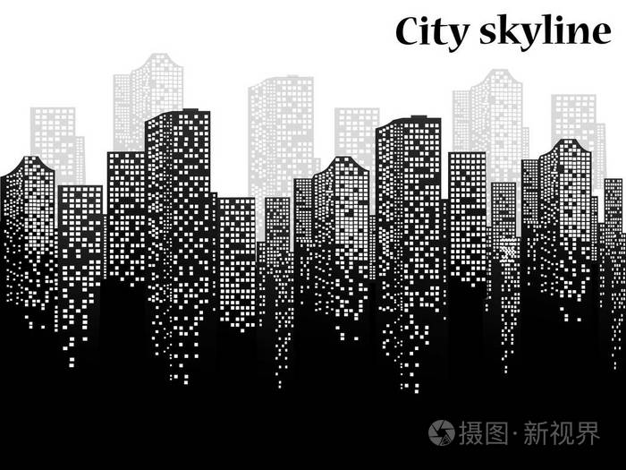 城市的剪影以扁平的样式.现代城市景观. 矢量插图.