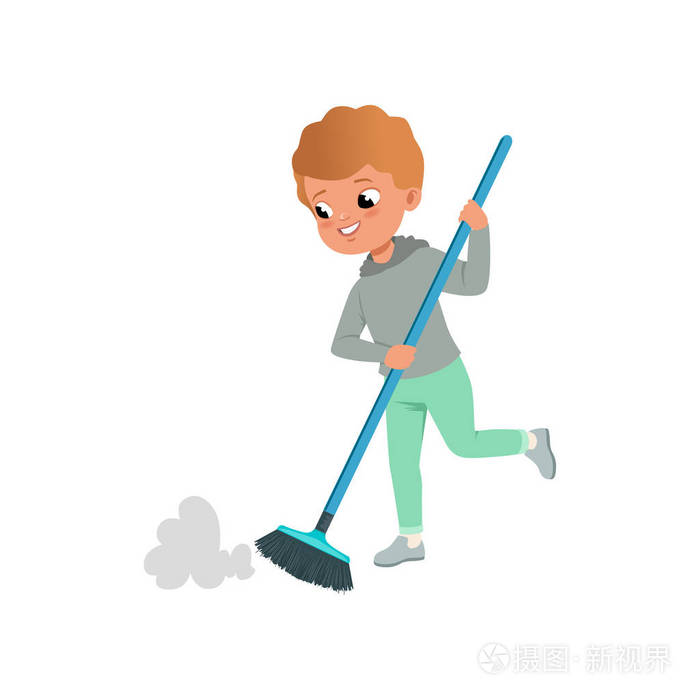 可爱的小男孩扫地板在家中的白色背景矢量插图