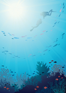 水下的珊瑚礁和潜水者
