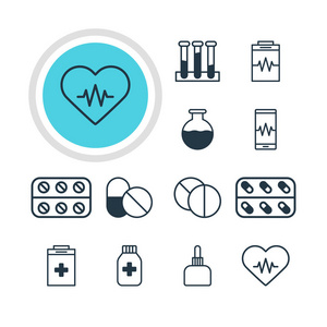 矢量图的 12 医疗图标。可编辑包小瓶 电话监控 药剂投手和其他元素
