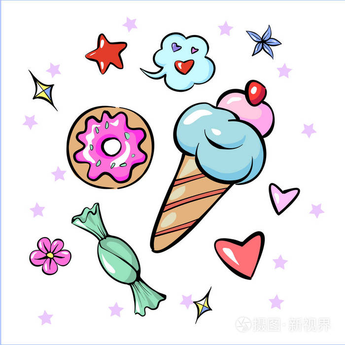 一套有趣的时髦糖果心星冰淇淋糖果花贴纸被隔离在白色