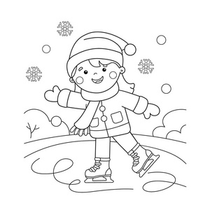 着色页大纲的卡通女孩滑冰。冬季运动项目。孩子们的图画书