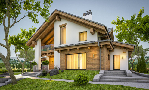 3d 渲染的木屋风格现代舒适的家