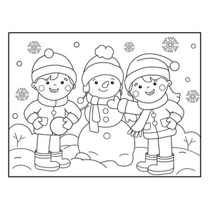 着色页大纲的卡通男孩和女孩在一起堆雪人.冬天.孩子们的图画书照片
