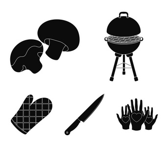 烧烤网 香菇 刀 烧烤手套。黑色风格矢量符号股票插画，烧烤集的集合图标网站