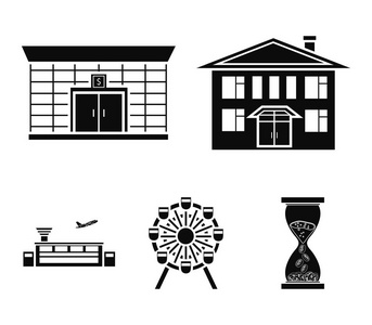 机场, 银行, 住宅楼, 摩天轮。构建集集合图标的黑色样式矢量符号股票插画网站