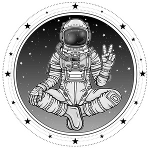 宇航员的动画人物坐在佛像的姿势。在太空冥想。背景夜空, 一圈星星。矢量插图被隔离。打印, 海报, t恤, 卡片