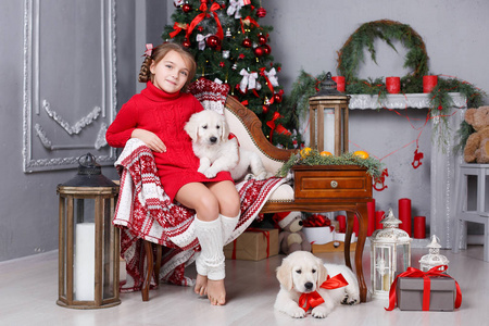 两只幼犬金毛的圣诞树背景上快乐的女孩