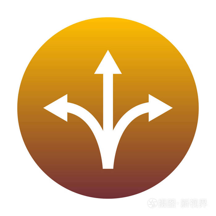三路方向箭头标志.在金色的圆的白色图标