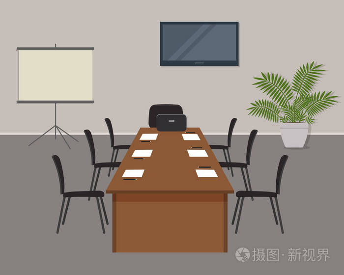 会议室为会议做好准备.有一个屏幕 一个办公桌和椅子的形象.