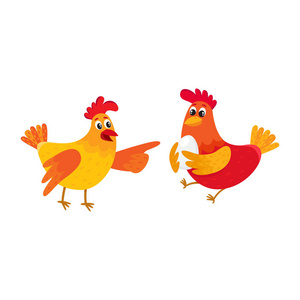 两个可爱的卡通鸡指着某个东西和提高的翅膀