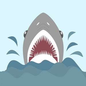 鲨鱼与开口和锋利的牙齿。在平坦的卡通风格的矢量图