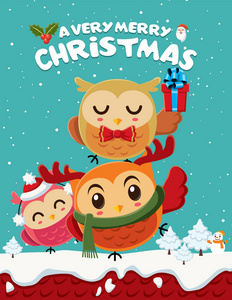 老式的圣诞节海报设计与猫头鹰字符