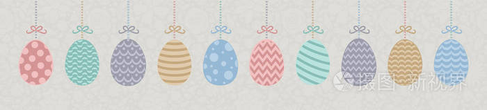 挂复活节装饰与五颜六色的鸡蛋。矢量