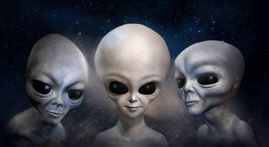 三不同的灰色外星人在宇宙的天空和星系的背景下。3d 插图。壁纸