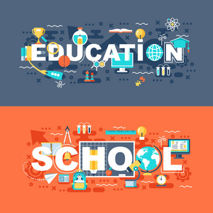 网上教育和学校套平概念。横幅与口号为网站和平面设计。平面图标。移动和打印媒体。矢量插图