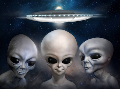 三不同的灰色外星人在宇宙的天空和飞碟的背景。3d 插图