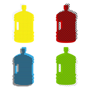 塑料瓶剪影标志。矢量.黄色, 红色, 蓝色, 绿色