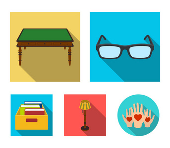 眼镜, 一张木桌, 一盏落地灯, 一盒书。图书馆和书店集合图标在平面式矢量符号股票插画网
