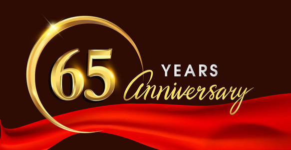65周年纪念标识与金黄圆环在红色丝带典雅的背景, 矢量设计为生日庆祝, 贺卡并且邀请卡片