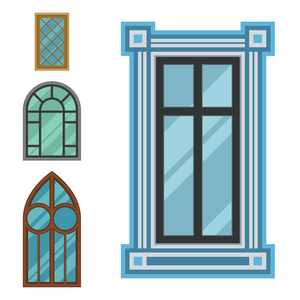 不同类型的房子窗户元素平面风格框架建筑装饰公寓矢量插画
