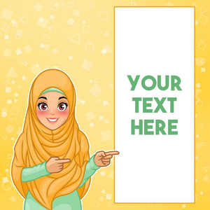 黄色的头巾年轻的穆斯林妇女戴头巾面纱指向左侧在复制空间, 卡通人物