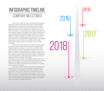 公司里程碑时间线的创造性的载体例证。带有指针的模板。弧形道路线艺术设计与信息占位符。抽象概念图形元素。历史图表