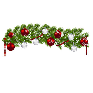 圣诞装饰。绿枝红色和银球和雪花在白色背景上的一棵圣诞树。新年装饰。插图