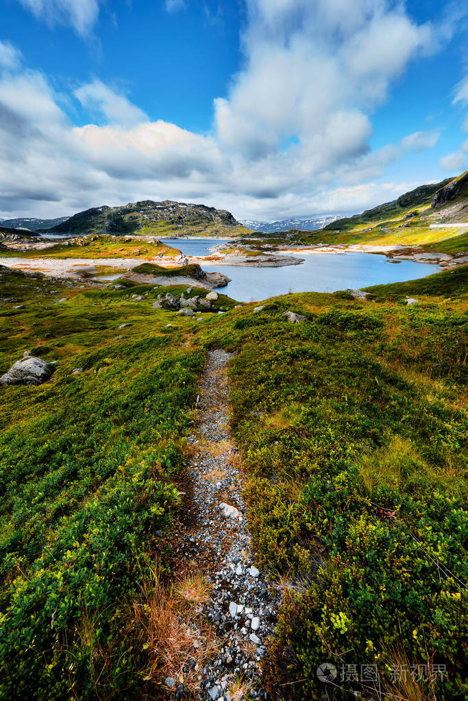 美丽的风景在挪威与徒步旅行路线带领通过一个山谷与绿色草和石头到山