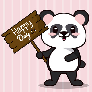 粉红色背景条纹线剪影和可爱的可爱动物熊熊猫站在木标志快乐的一天