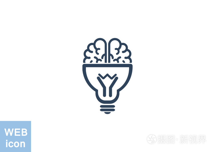 大脑与灯泡图标, 思想理念, 轮廓矢量图