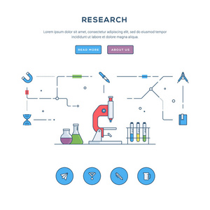 研究。扁线商业网站横幅模板。现代的细线图标。图概念为 web 横幅和宣传材料