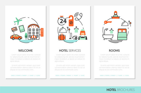 酒店住宿业务宣传册模板与细线矢量图标