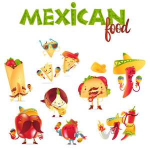 演奏乐器的快乐的墨西哥食物字符集