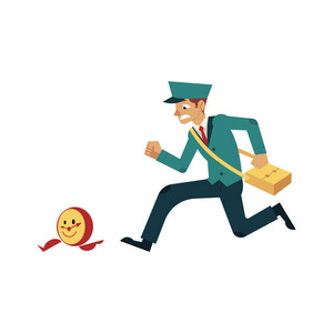 年轻的邮递员在制服追赶墙壁手表照片