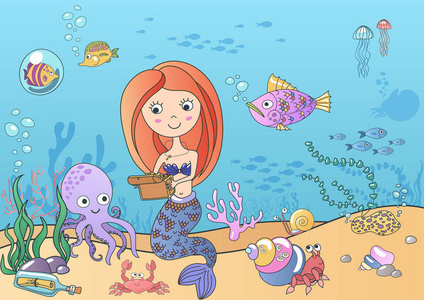 矢量美丽可爱的小妖美人鱼与宝藏游泳水下鱼和章鱼。手绘插图