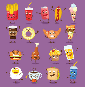 卡通有趣的食物字符矢量插图蛋糕, 牛角面包, 茶和咖啡, 炒鸡蛋, 汉堡包, 热狗和薯条等情绪